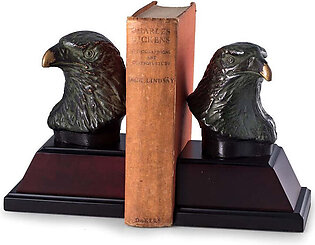 Cast Metal Eagle Bookends with Bronzed Finish on Burl and Black Wood Base Set of 2