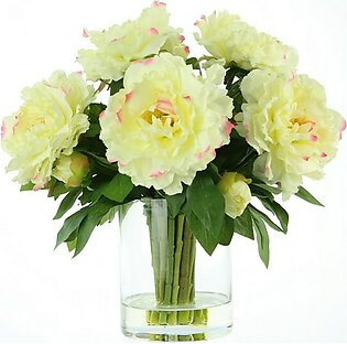 17" Artificial White with Pink Peony Arrangement in Clear Glass Vase