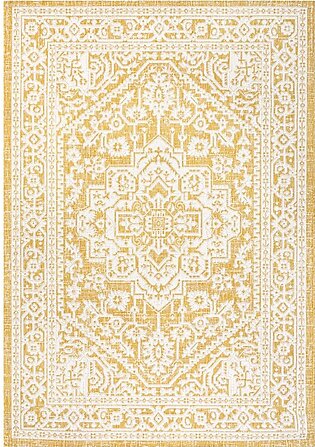 Sinjuri Medallion Textured Weave 144" L x 108" W Indoor/Outdoor Area Rug - Yellow/Cream
