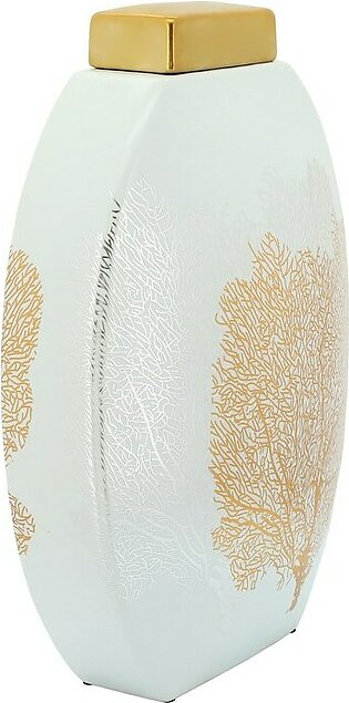 16" Coral Decal Jar with Lid - White/Gold
