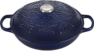 Olive Branch Collection 3.5-Quart Cast Iron Braiser with Embossed Lid and Stainless Steel Knob - Indigo