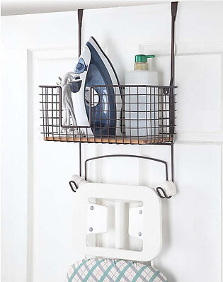 Metal Wall Mount/Over-the-Door Ironing Board Holder with Large Storage Basket - Black