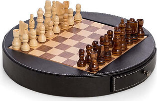 Wood Chess Set with Black Leather-Wrapped Playing Board and Storage Drawers