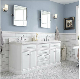 Palace 72" Double Bathroom Vanity Set in Pure White with Quartz Top, Hardware and Faucets in Chrome