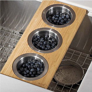 Workstation Kitchen Sink Serving Board Set with Round Stainless Steel Bowls