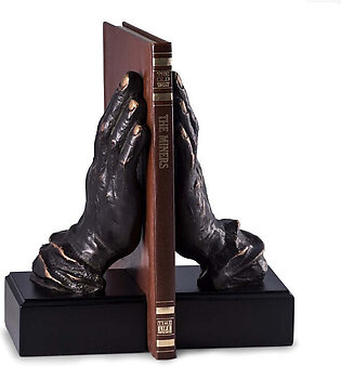 Cast Metal Hands Bookends with Bronzed Finish on Black Wood Base Set of 2