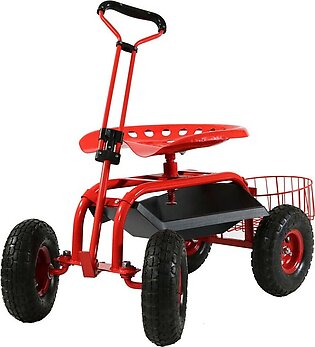 Red Rolling Cart with Steering Handle Swivel Seat and Planter Basket