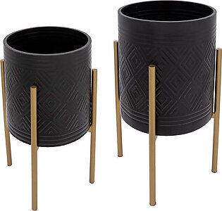 Aztec Planters on Metal Stands Set of 2 - Black/Gold
