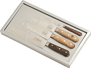 Jean Dubost Laguiole Four Kitchen Knives Set with Mixed Wood Handles in Gift Box