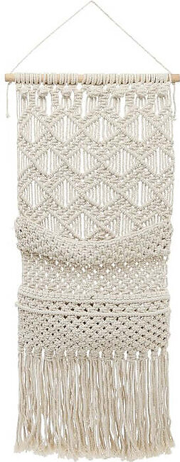 32" Cotton Macrame Wall Hanging with Two Storage Pouches - Ivory/Beige