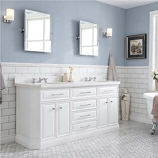 Palace 72" Double Bathroom Vanity Set in Pure White with Quartz Top, Hardware, Mirror in Chrome