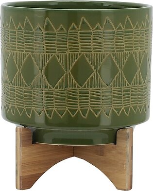 10" Aztec Ceramic Planter on Wooden Stand - Olive