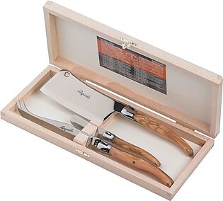 Jean Dubost Laguiole Three-Piece Cheese Knife Set with Olive Wood Handles in Clasp Box