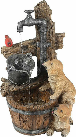 Puppies and Water Pump Resin Outdoor Patio Water Fountain with LED Light