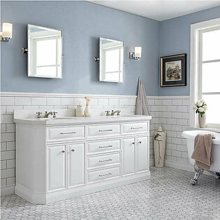 Palace 72" Double Bathroom Vanity Set in Pure White with Quartz Top, Hardware in Polished Nickel (PVD)