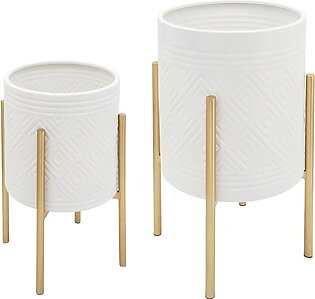Aztec Planters on Metal Stands Set of 2 - White/Gold