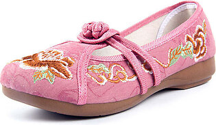 Vintage Embroideried Flat Shoes For Women Grey Cotton Fabric Chinese Button