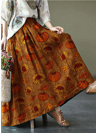Women brown-Pumpkin Print Ramie Elastic Waist Skirt