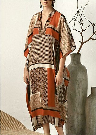 Vintage Orange Chocolate Print Half Sleeve kimono Robe Summer Chiffon Dress