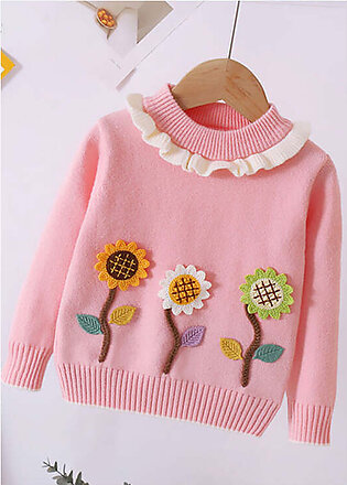 Unique Pink Ruffled The Sunflowers Thick Cotton Knit Kids Girls Sweaters Fall
