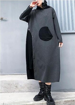 Women gray cotton quilting clothes hooded patchwork loose fall Dress