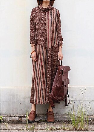 DIY brown cotton clothes high neck Traveling patchwork Dress