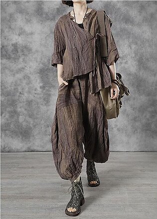 Style Chocolate Stand Button Asymmetrical Design Linen Fall Half Sleeve Two Pieces Set