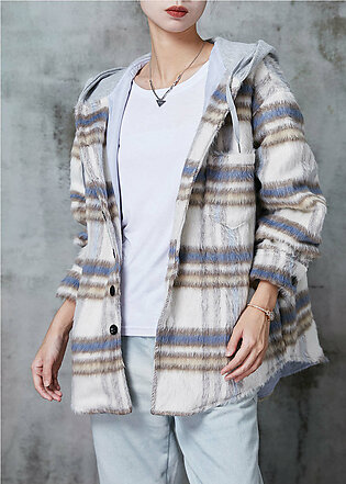 Khaki Plaid Fine Cotton Filled Jacket Hooded Drawstring Winter