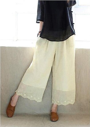 Chic Light Yellow Embroidery Trousers Thin Summer Elastic Waist Wardrobes Casual Pants