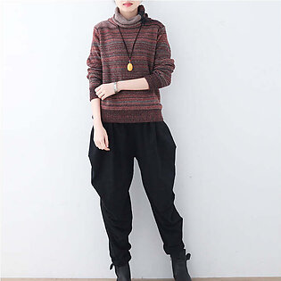 Fine red striped cozy sweater fall fashion knit sweat tops women high neck winter shirt