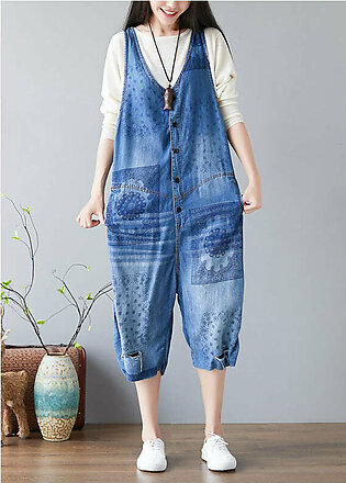 Women Denim Blue V Neck Print Cotton Jumpsuits Ripped Jeans Spring