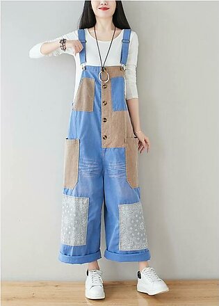 French Baby Blue Patchwork Jeans Jumpsuit Women