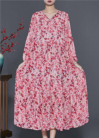 Women Pink Cinched Print Chiffon Holiday Dress Spring