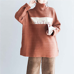Brown oversized women knit sweaters vintage turtle neck warm knit tops pullover