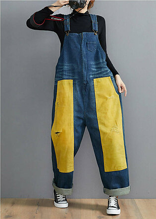 French Denim Blue Jeans women's Spring Patchwork Jumpsuit Pants
