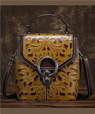 Unique Yellow Embossing Paitings Calf Leather Backpack Bag
