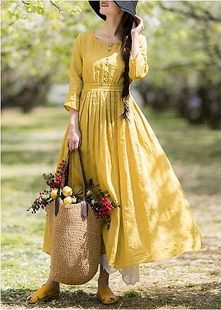 DIY Yellow Outfit O Neck Half Sleeve Loose Spring Dresses