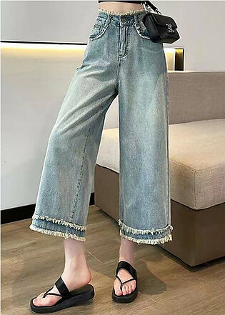 Fashion Blue Tasseled Pockets Denim Wide Leg Pants Spring