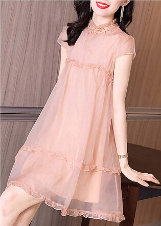 Novelty Pink Ruffled Patchwork Nail bead Tulle Mid Dress Summer