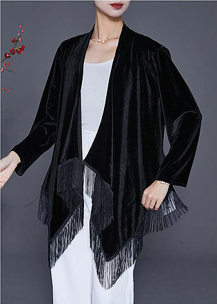 Black Oversized Silk Velour Cardigan Asymmetrical Tasseled Fall