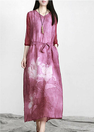 Beautiful Purple Print Linen Tunic Maxi Dresses