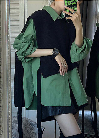 Women Black Shawl Knit Green Shirts Two Pieces Set Long Sleeve