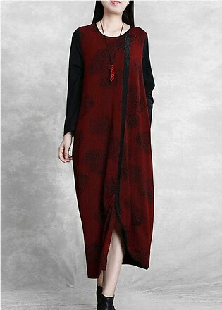 French burgundy Jacquard quilting clothes o neck patchwork Robe  Dresses