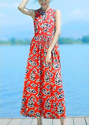 Beautiful stand collar patchwork cotton Wardrobes Outfits red print Traveling Dresses summer