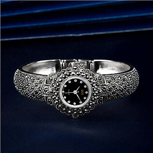 Boho Black Sterling Silver Zircon Metal Organic Glass Wrist Watch