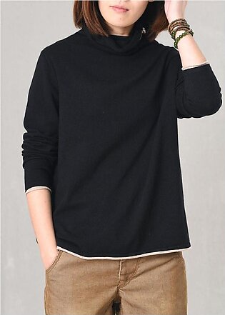Women wild  knitted pullover Loose fitting black sweaters high neck