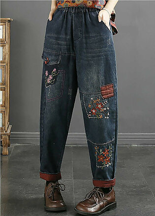 Loose Blue Embroidered Pockets Elastic Waist Jeans Fall