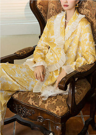 Fashion Yellow Ruffled Print Patchwork Cotton Two Pieces Set Pajamas Long Sleeve