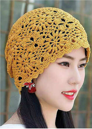 Handmade Yellow Crochet Flower Spring And Autumn Hollowed Out Knitted Hat