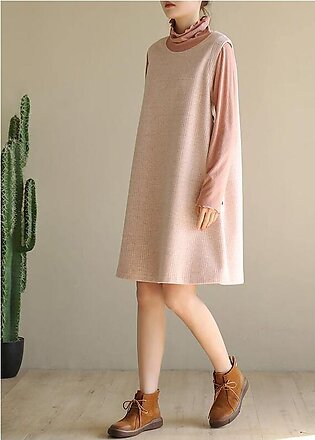 Modern pink cotton dresses false two pieces Robe high neck Dresses